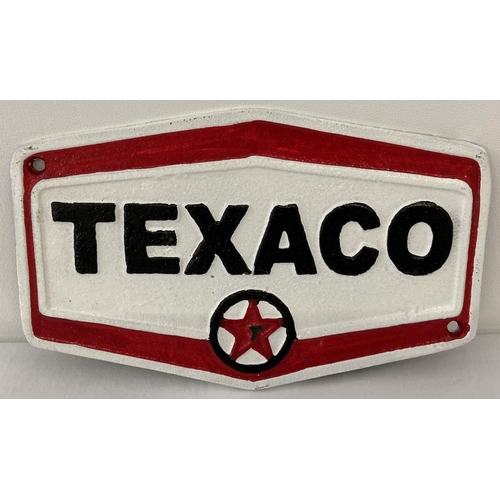 1240 - A hexagonal shaped painted cast metal Texaco wall plaque, with fixing holes. In black, white and red... 