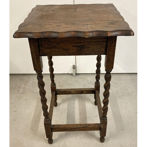 1366 - A vintage oak hall/occasional table with barley twist legs, square shaped top and pie crust edge. Ap... 