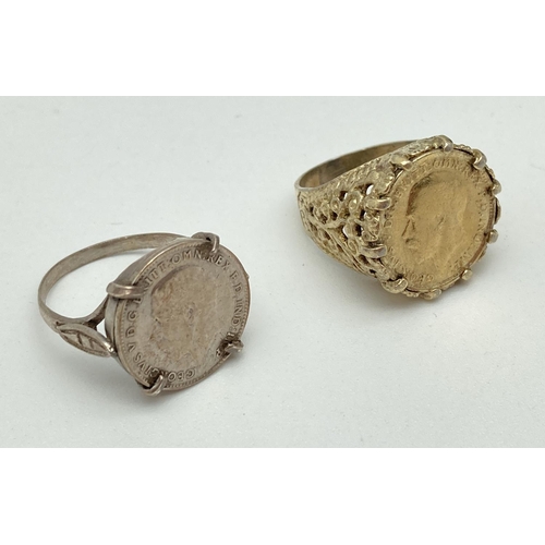 1024 - 2 vintage silver rings, both set with an antique silver three pence coin. Dated 1916 and 1918. One s... 