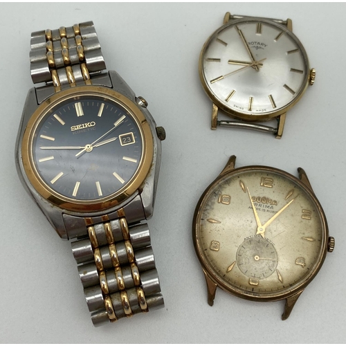1056 - 3 men's vintage wrist watches. A Seiko with bracelet strap, black face and date function, a Dogma pr... 