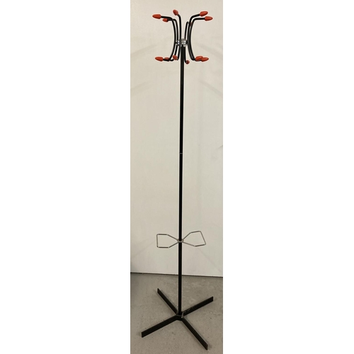 1377 - A Retro Atomic style black metal coat stand with red plastic ends and figure of 8 umbrella attachmen... 