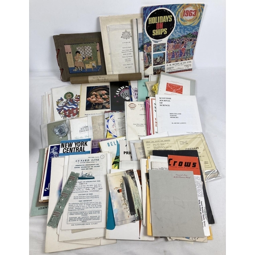 1229 - A box of assorted vintage ephemera to include Shipping & cruise menus and assorted ephemera, travel ... 