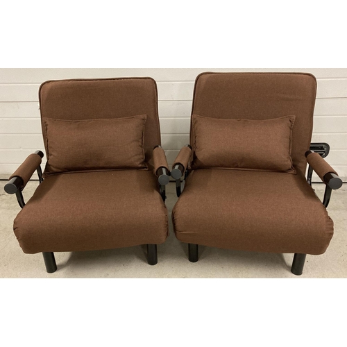 1382 - 2 modern metal framed chair beds with brown padded upholstery. Each with cushion, folds out to make ... 