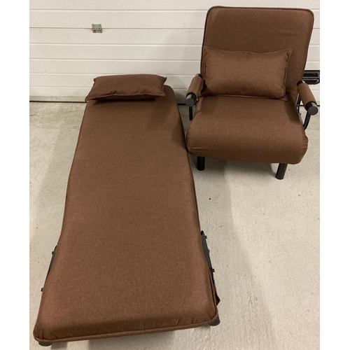 1382 - 2 modern metal framed chair beds with brown padded upholstery. Each with cushion, folds out to make ... 