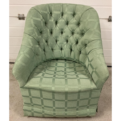 1385 - A vintage wooden framed nursing chair with bucket style seat. Reupholstered in a green chenille styl... 