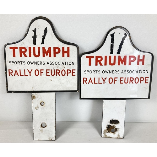 1244 - A pair of vintage enamel rally car signs as used by participants in the Triumph Sports Owners Associ... 