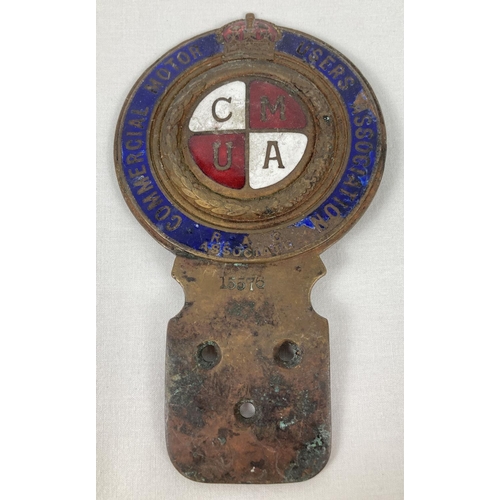 1251 - A pre war RAC Commercial Motor Users Association enamelled brass car badge. Approx. 16.5cm long, num... 