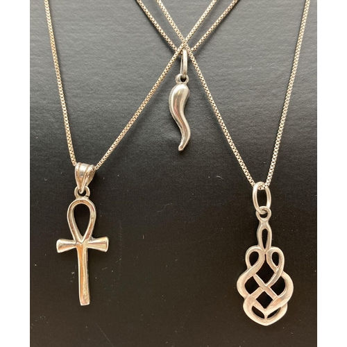 101 - 3 silver necklaces with pendants. An Ankh pendant on an 18