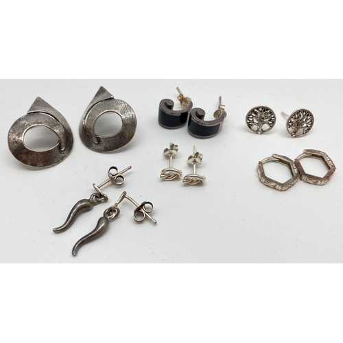 108 - 6 pairs of vintage and modern silver and white metal earrings in hoop, stud and drop styles. To incl... 