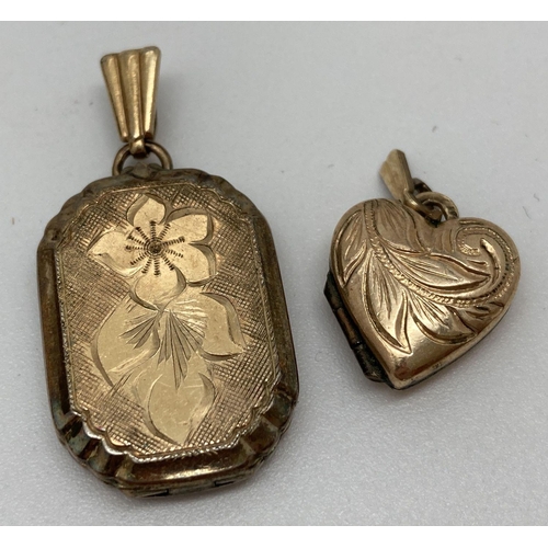 110 - 2 vintage rolled gold lockets. A square shaped locket with front floral decoration and a heart shape... 