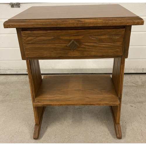 1375 - A mid Century Brandt Ranch Oak single drawer occasional stand with rough hewn design carved into dra... 