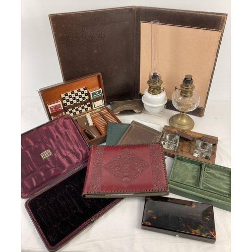 1287 - A collection of leather items together with 2 vintage oil lamp bases. Leather items include: large b... 