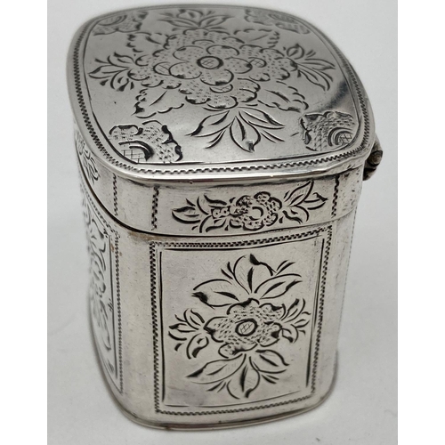 1057 - A Victorian Dutch silver peppermint box with engraved panelled design. Hinge lidded box with floral ... 