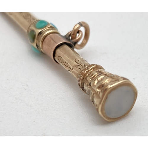 1001 - An Edwardian yellow metal miniature extending propelling pencil. Set with turquoise cabochons (one m... 