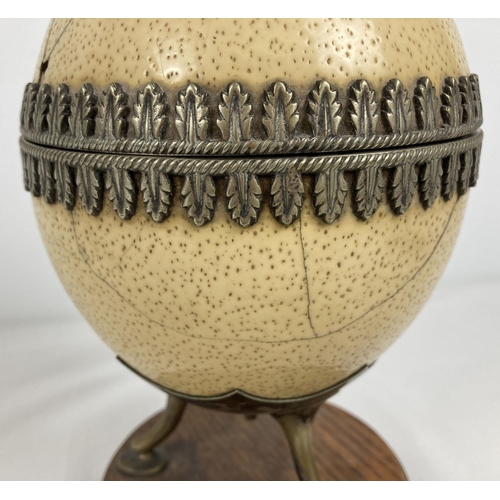 1296 - An antique lidded trinket pot made from an ostrich egg. With silver plated interior, decorative trim... 