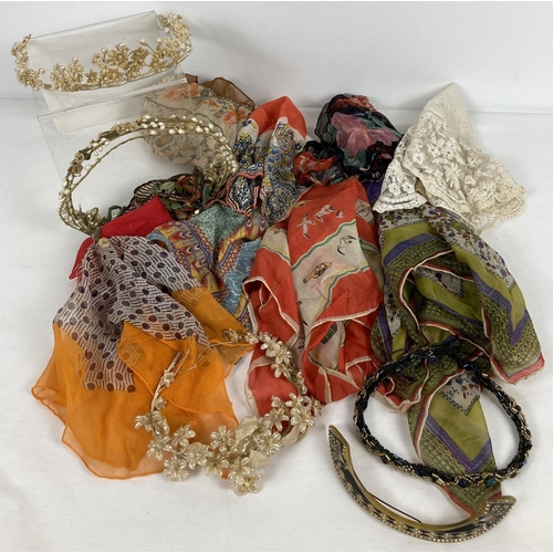 1258 - A collection of vintage silk, chiffon and cotton handkerchiefs and scarves together with vintage bri... 