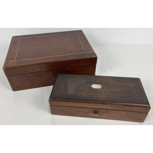 1300 - 2 vintage mahogany boxes with inlaid detail. A writing/jewellery box with sectional lift out compart... 