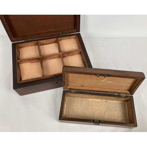 1300 - 2 vintage mahogany boxes with inlaid detail. A writing/jewellery box with sectional lift out compart... 