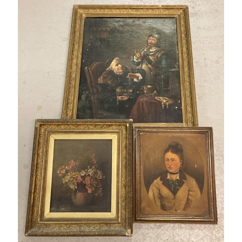 1360 - 3 Antique and vintage oil paintings in varying sizes and conditions. A portrait of a Victorian lady;... 