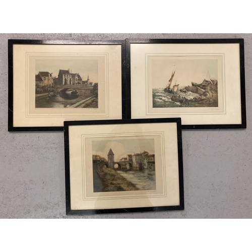 1361 - 3 framed and glazed antique coloured Etchings by E. H. Barlow. Depicting a continental canal scene, ... 