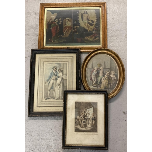 1362 - 4 framed and glazed pictures. A coloured engraving depicting Georgian gentleman and ladies conversin... 