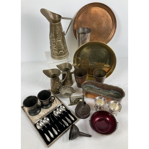 1090 - A box of assorted metal ware items. To include small copper planter, brass jugs, funnels, glass line... 