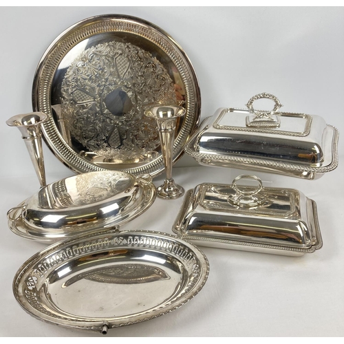 1066 - A box of quality silver plated table ware. To include 2 lidded tureens by Windsor Bishop, Norwich. L... 