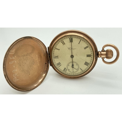 1006 - A vintage Waltham Traveler 9ct gold plated Dennison cased hunter pocket watch. Roman Numeral markers... 