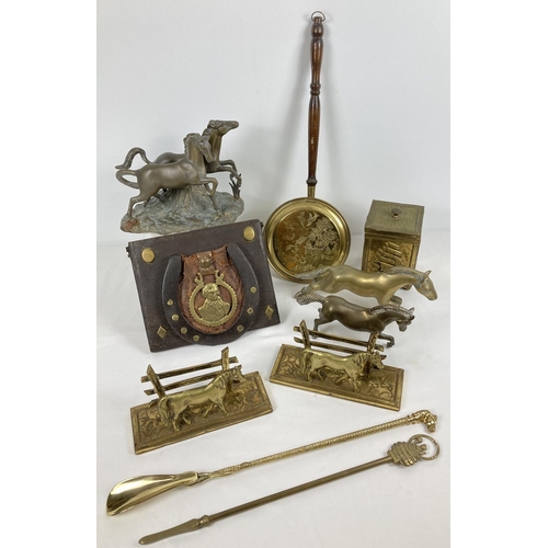 1096 - A collection of vintage brass items. To include horse figurines, decorative bed pan, tea caddy, lett... 