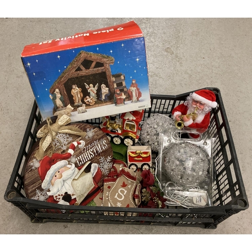 1311 - A box of Christmas decorations. To include light up hanging Christmas light spheres, a boxed wooden ... 