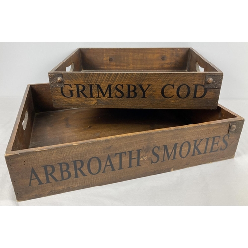 1314 - 2 reproduction fisherman's wooden box trays with carry handles. Metal banding detail to corners (2 m... 