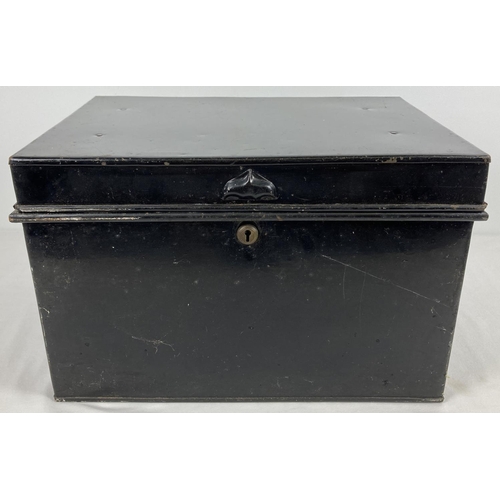 1102 - A small vintage black metal deed box with carry handles and brass lock. Approx. 39 5 x 27.5 x 24.5cm... 