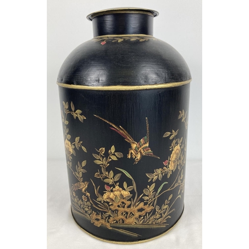 1105 - A large painted metal toleware lidded jar with hand painted flower & bird design. Lid and top rim pa... 