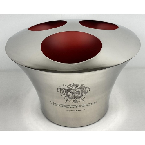 1077 - A large silver plated 3 bottle Champagne cooler with painted red interior. One side engraved with a ... 