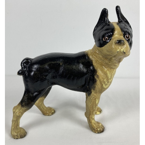 1106 - A painted cast iron figure of a French Bulldog in black and cream. Approx. 25cm tall.