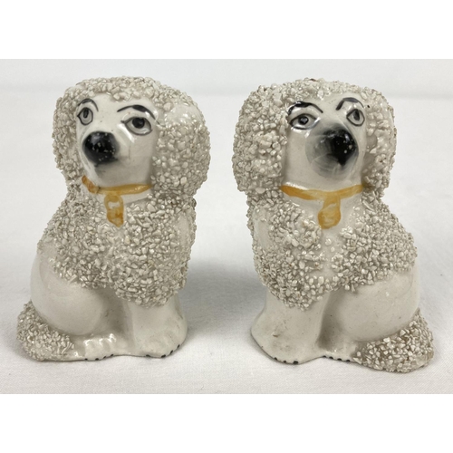 1160 - A pair of antique Staffordshire ceramic poodle figurines with hand painted yellow collars. Chip to b... 