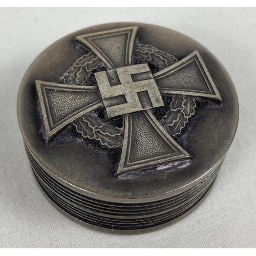 1329 - A reproduction German WWII style wooden snuff pot with metal panel detail to lid and base. Approx. 2... 