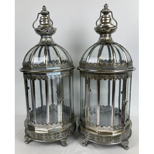 1332 - A large pair of circular shaped silver finish lanterns with glass panels and hinged opening door. Ra... 