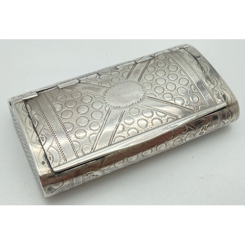 1085 - A Georgian silver rectangular cushion form snuff box By William Pugh. Engraved circular, cross and t... 