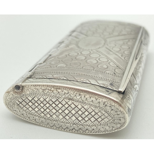 1085 - A Georgian silver rectangular cushion form snuff box By William Pugh. Engraved circular, cross and t... 