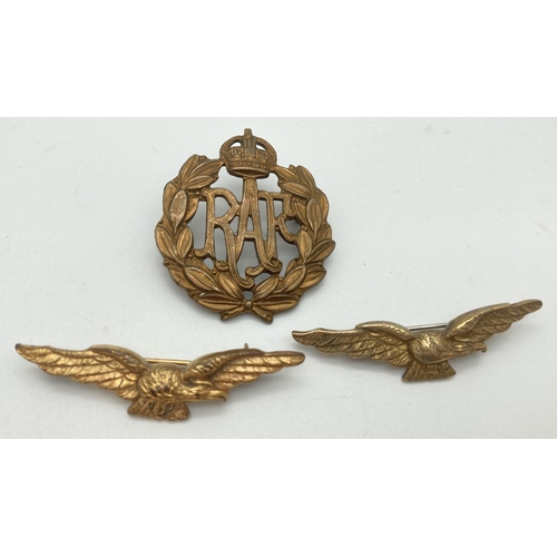 1126 - 2 WWII brass RAF Pathfinder sweetheart badges together with a brass RAF cap badge. Sweetheart badges... 