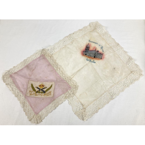 1283 - Two silk sweetheart handkerchiefs both edged with lace. 