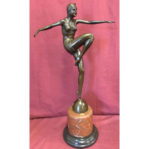 1109 - A large Art Deco style bronze figurine mounted on circular marble plinth. Signature and foundry mark... 