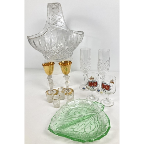 1188 - A collection of vintage clear & coloured glass items. To include large lead crystal basket, a pair o... 