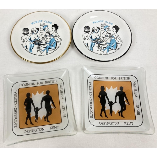 1174 - 4 vintage Nudist/Naturist interest pin dishes. 2 ceramic Nudist Club dishes with caricature designs ... 