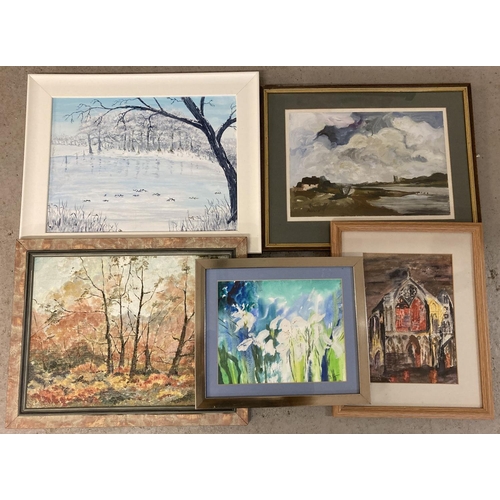 1371 - A collection of 5 framed and glazed watercolours, oils and acrylic paintings depicting rural scenes,... 