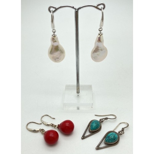 1063 - 3 pairs of 925 silver drop earrings with hook clasps. To include baroque pearls and turquoise set.