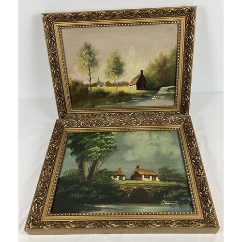 1372 - 2 gilt framed oil on canvas paintings of rural river scenes. Signed to lower right. Frame size appro... 