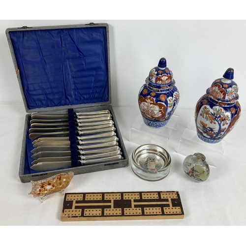 1361 - A quantity of assorted misc vintage items. To include: a pair of Oriental Imari ginger jars, 12 boxe... 