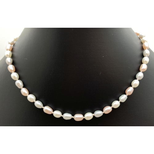 1106 - An alternating cream, peach and grey freshwater pearl necklace with 18ct gold clasp. Knotted between... 